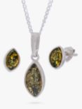 Be-Jewelled Marquise Cut Baltic Amber Pendant Necklace and Stud Earrings Jewellery Set, Silver