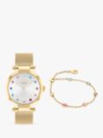 Coach Women's Cary Rainbow Crystal Watch and Chain Bracelet Set, Gold