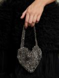 Sister Jane Black Swan Heart Shape Beaded Mini Bag, Silver