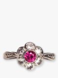 L & T Heirlooms Pre-Loved Rhodium Plated 9ct Yellow Gold Ruby and Cubic Zirconia Floral Cluster Ring