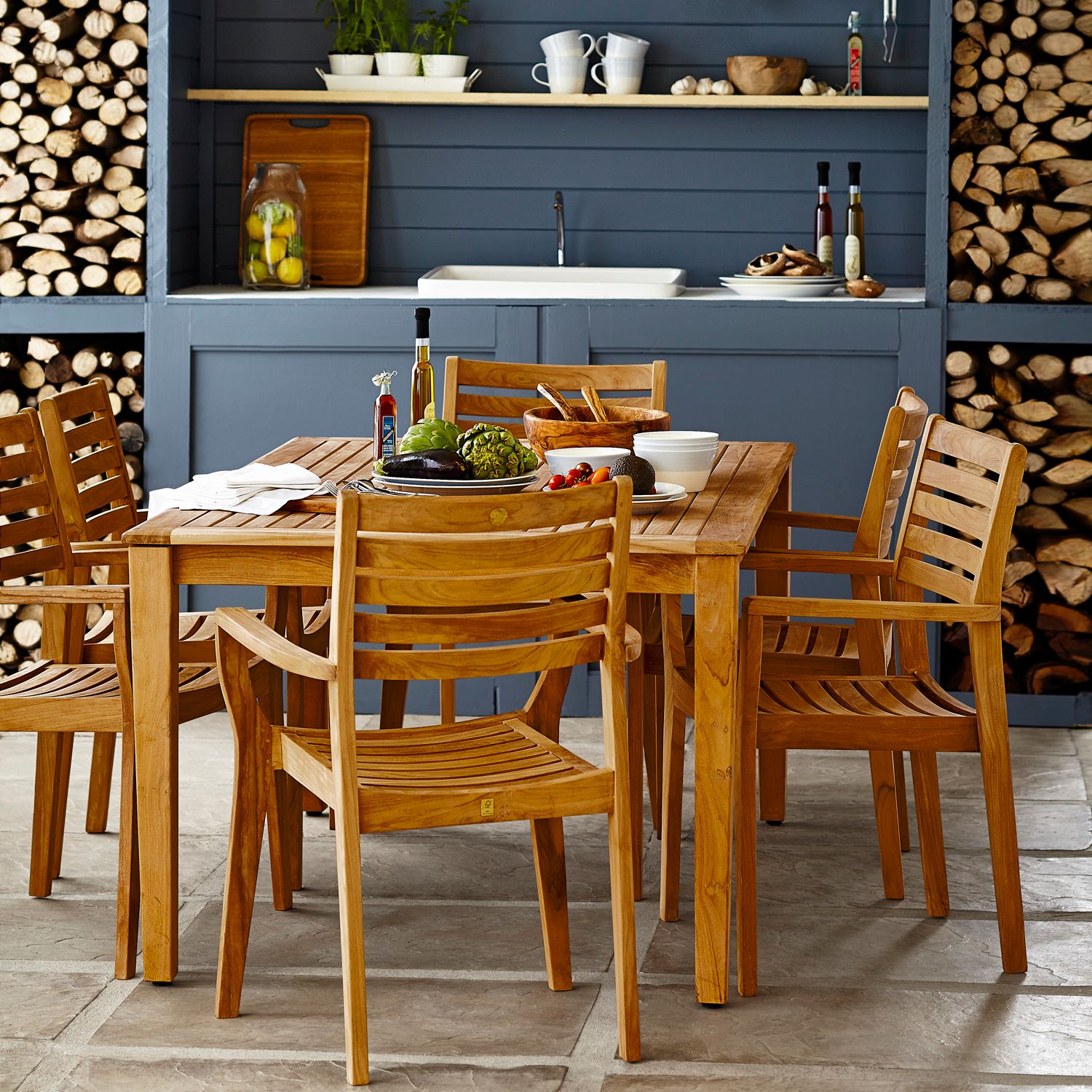 John Lewis Longstock Rectangle Garden Dining Table & 6 Stacking Chairs, FSC-Certified (Teak ...