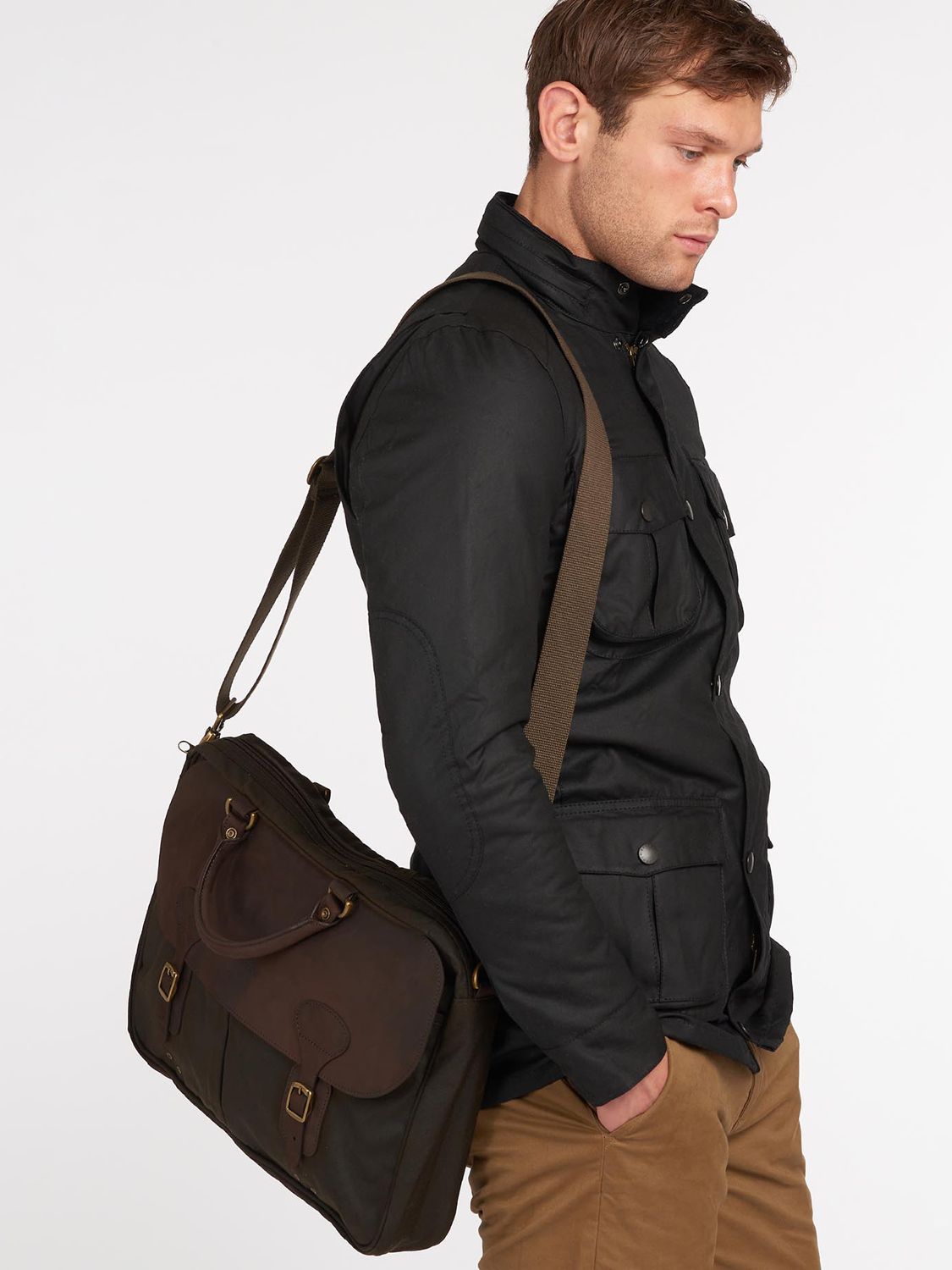 Barbour Wax Cotton and Leather Trim Satchel, Olive at John Lewis & Partners