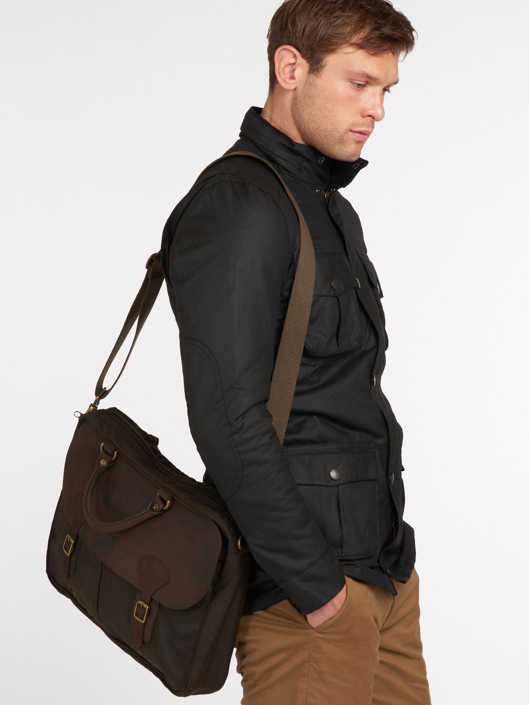 Barbour Wax Cotton and Leather Trim Satchel, Olive at John Lewis & Partners