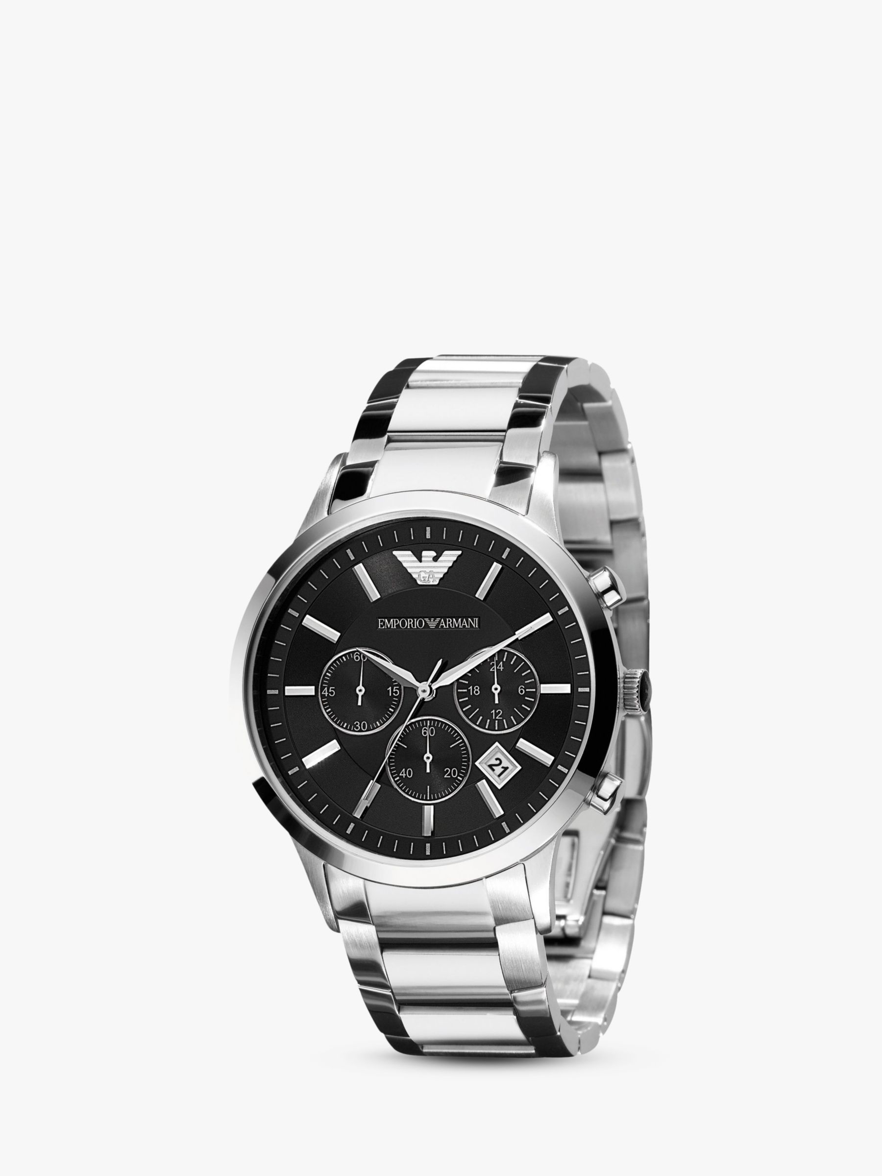 Emporio Armani AR2434 Men's Chronograph Date Bracelet Strap Watch,  Silver/Black at John Lewis & Partners