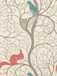 Sanderson Squirrel & Dove Wallpaper, Teal / Red, DVIWSQ102