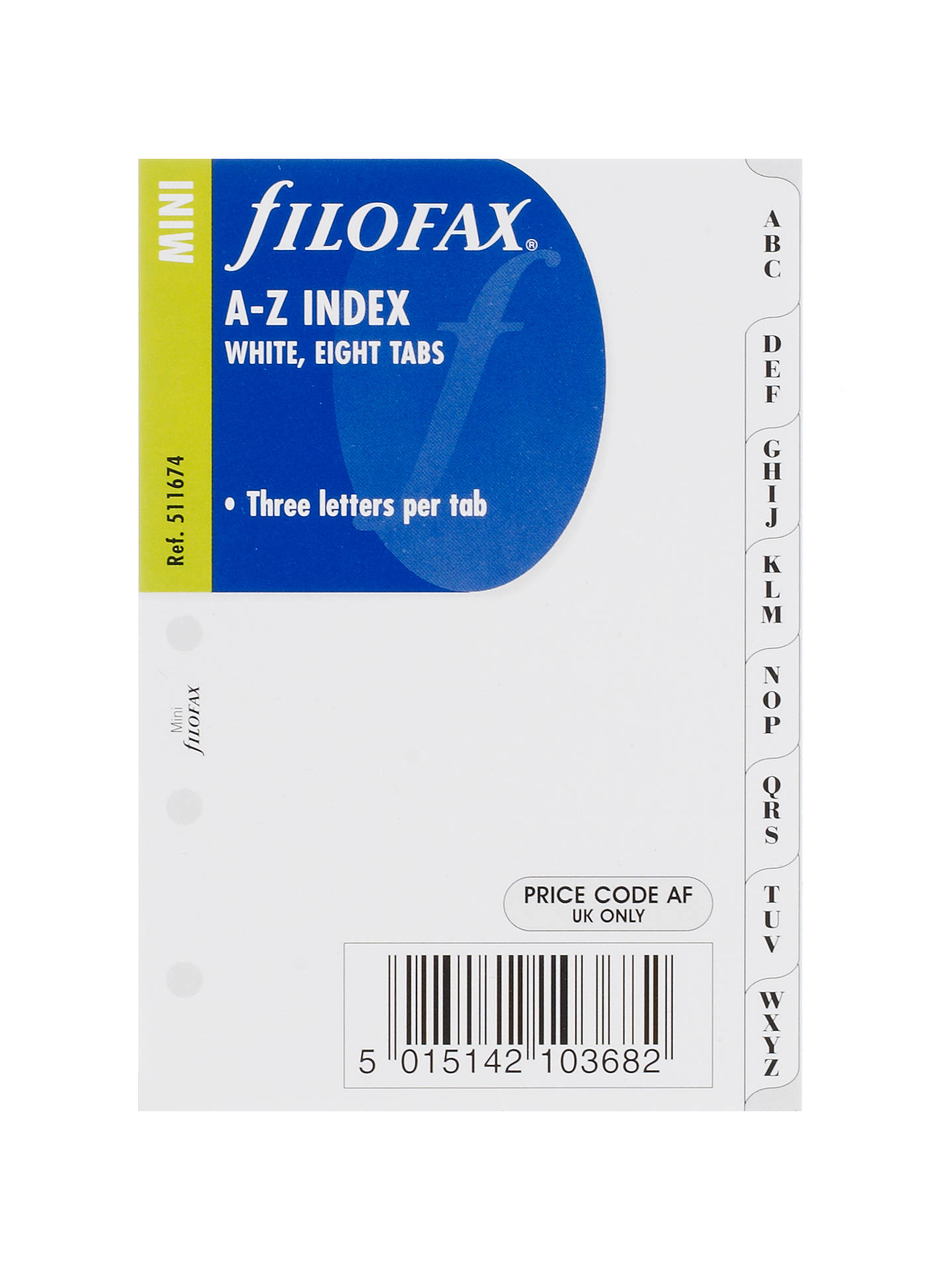 White Filofax Mini A-Z Index 3 Letters