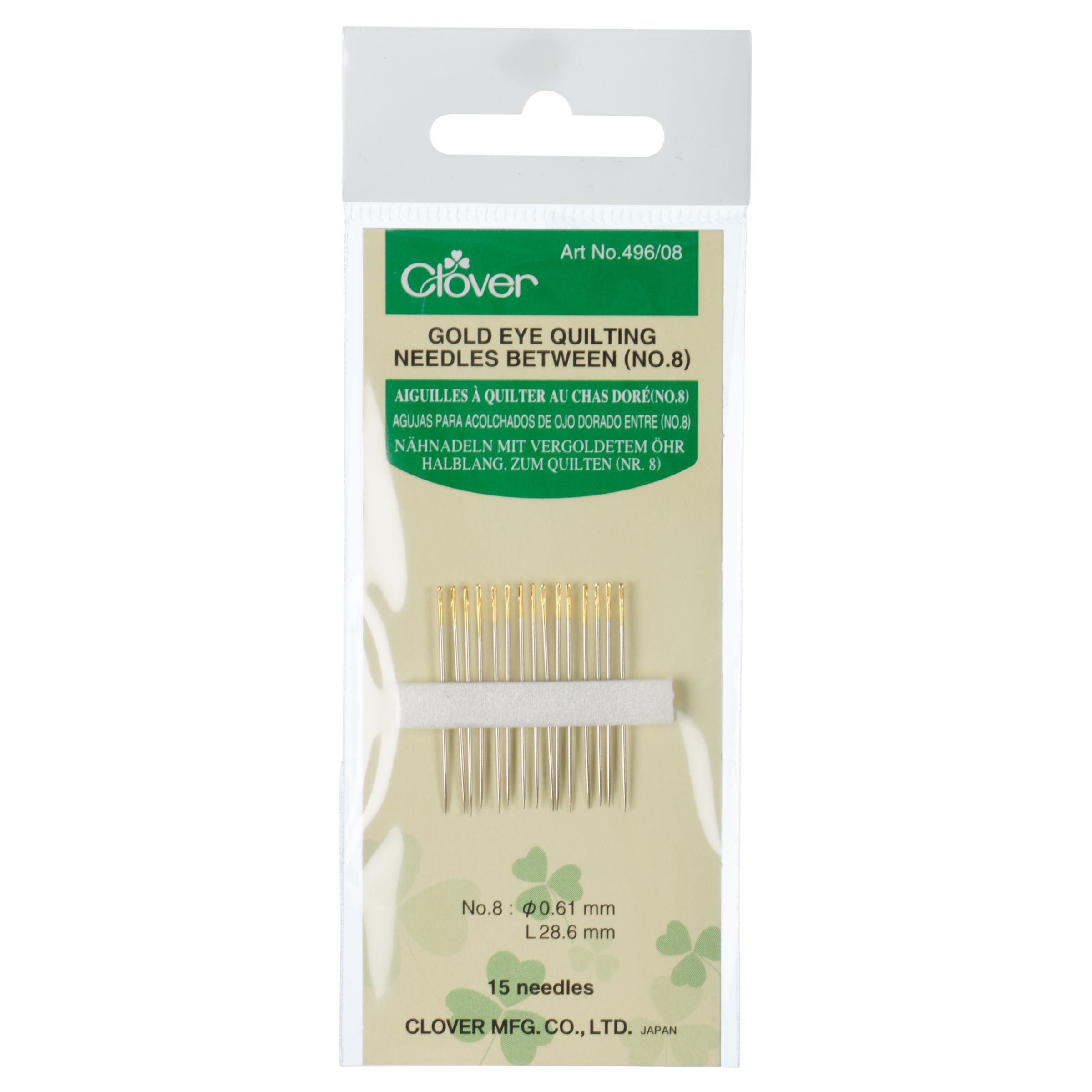 Clover Gold Eye Quilting Needles, Sizes 8-12