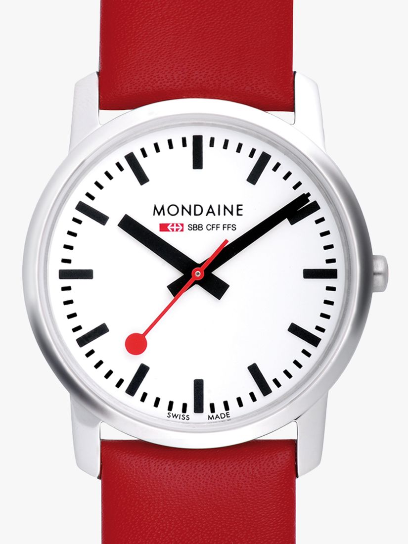 Mondaine Unisex Simply Elegant Leather Strap Watch, Red/White at John ...