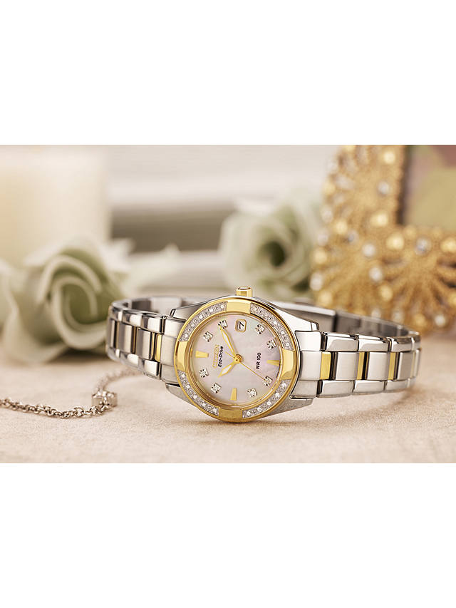 Citizen EW1824-57D Women's Eco-Drive Regent Two Tone Diamond Bracelet Strap Watch, Silver/Gold