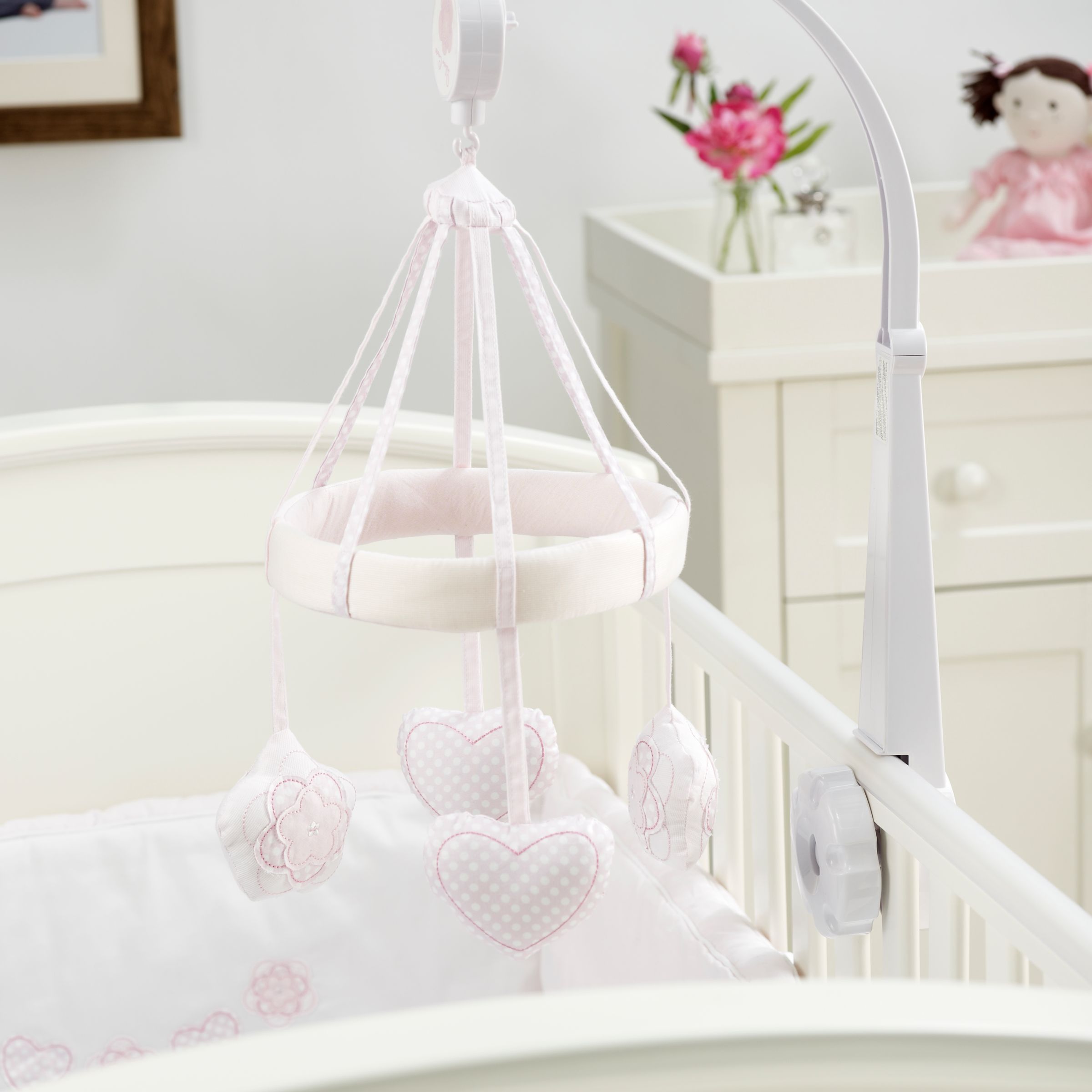 pink and grey cot mobile