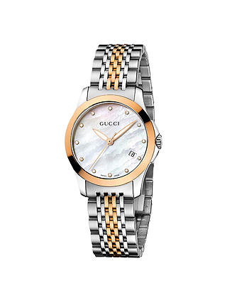 Gucci YA126514 Women's G-Timeless Mother of Pearl Diamond Bracelet Strap Watch, Silver/Rose Gold