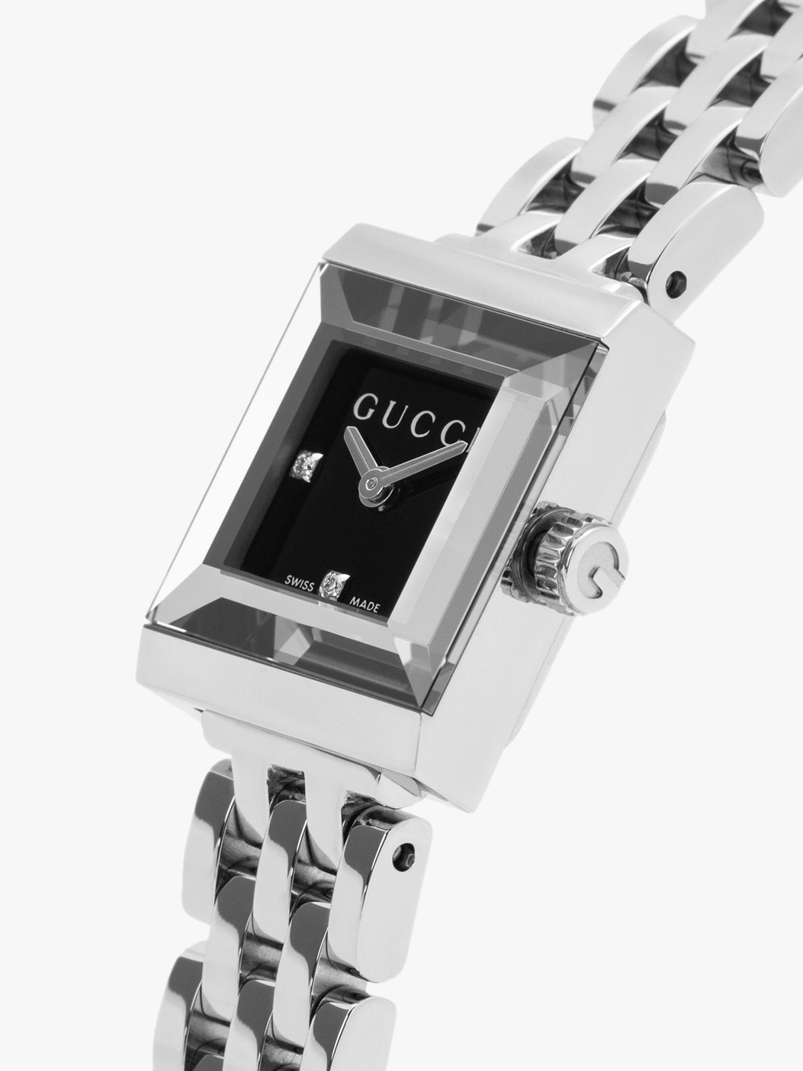 Gucci YA128507 Women's G-Frame Square Dial Bracelet Strap Watch, Silver/Black at John Partners