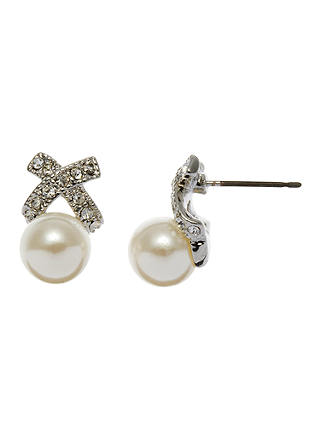 John Lewis Diamante and Faux Pearl Cross Stud Earrings, Silver/White