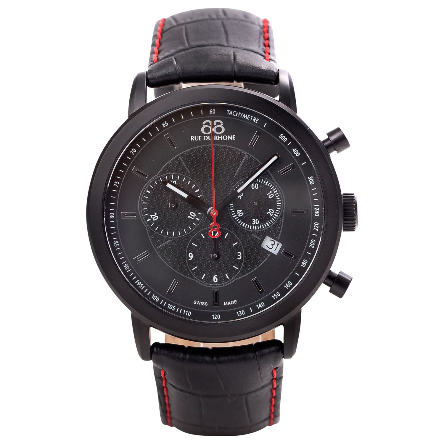 88 Rue Du Rhone 87WA120046 Men's Chronograph Contrast Stitch Leather Strap Watch, Black