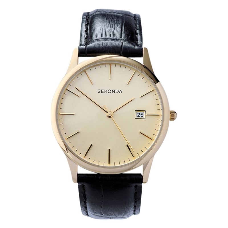 Sekonda 3697.27 Men's Date Leather Strap Watch, Black/Cream