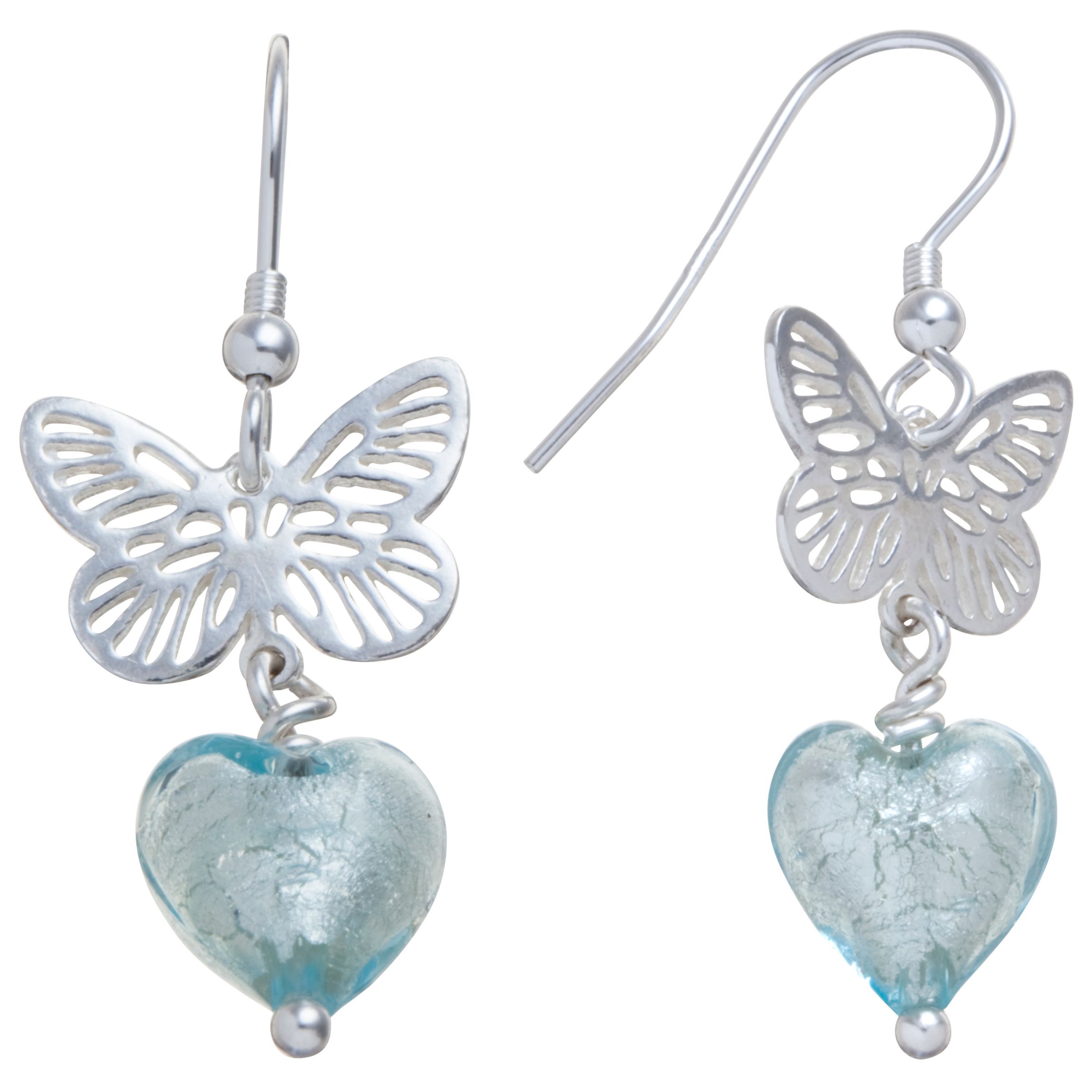 Martick Sterling Silver Butterfly Murano Glass Heart Earrings