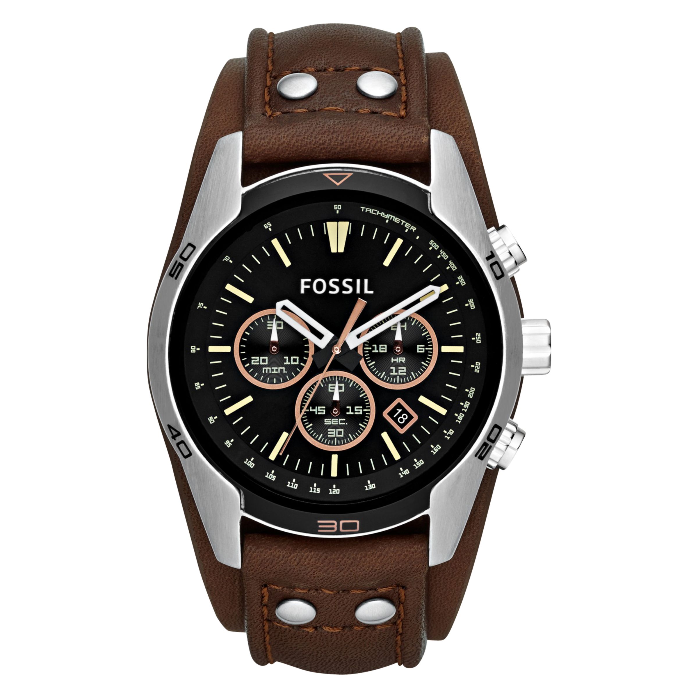 Fossil CH2891 Men's Coachman Chronograph Leather Strap Watch, Brown/Black