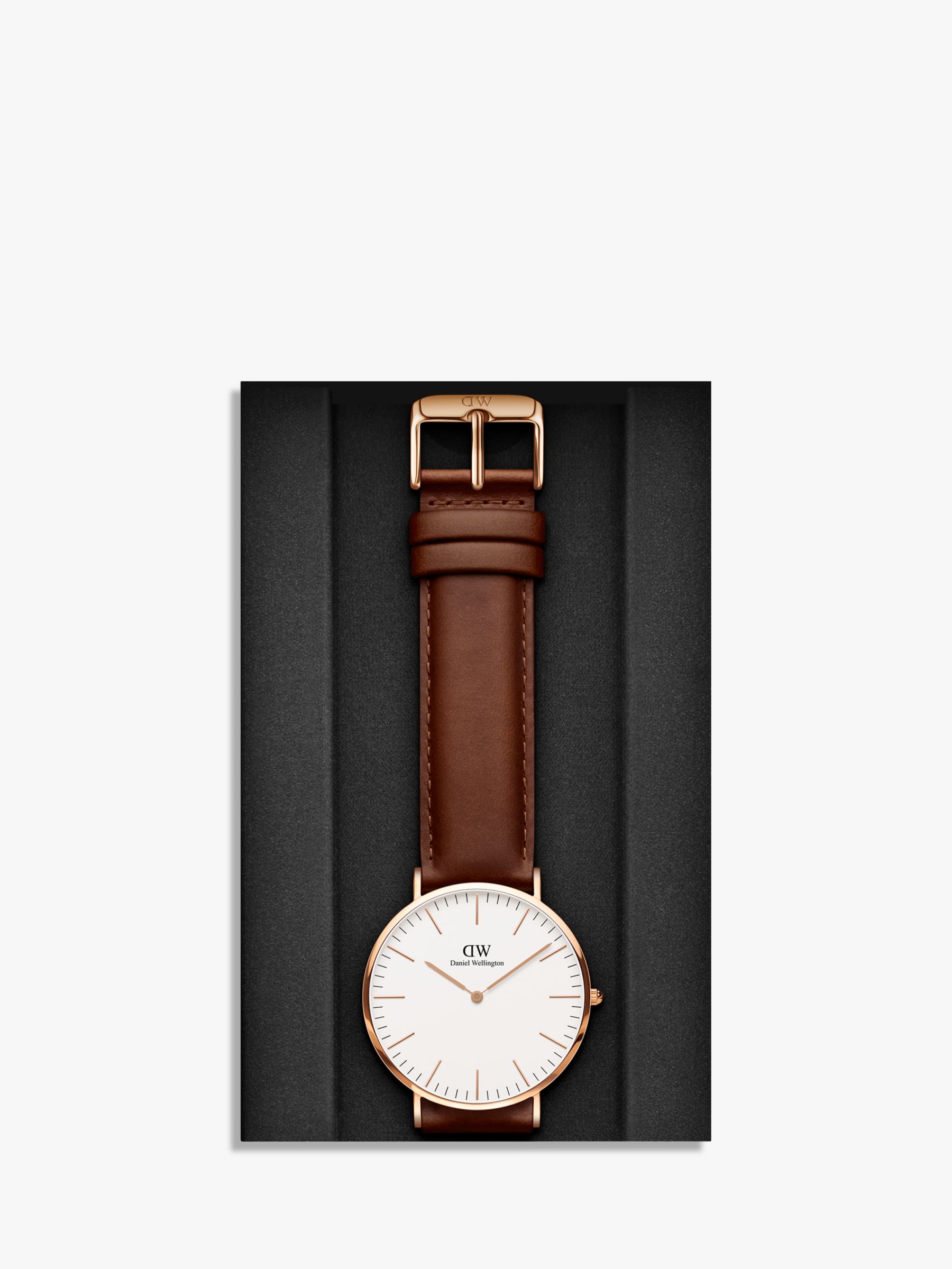 Daniel Men's 40mm St Mawes Rose Gold Plated Leather Strap Tan/White at John Lewis & Partners
