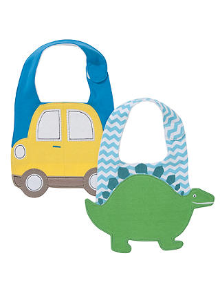John Lewis & Partners Baby Dino & Car Bib, Pack of 2, Blue/Multi