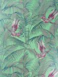 Matthew Williamson Sunbird Wallpaper, Grass / Cerise / Metallic silver