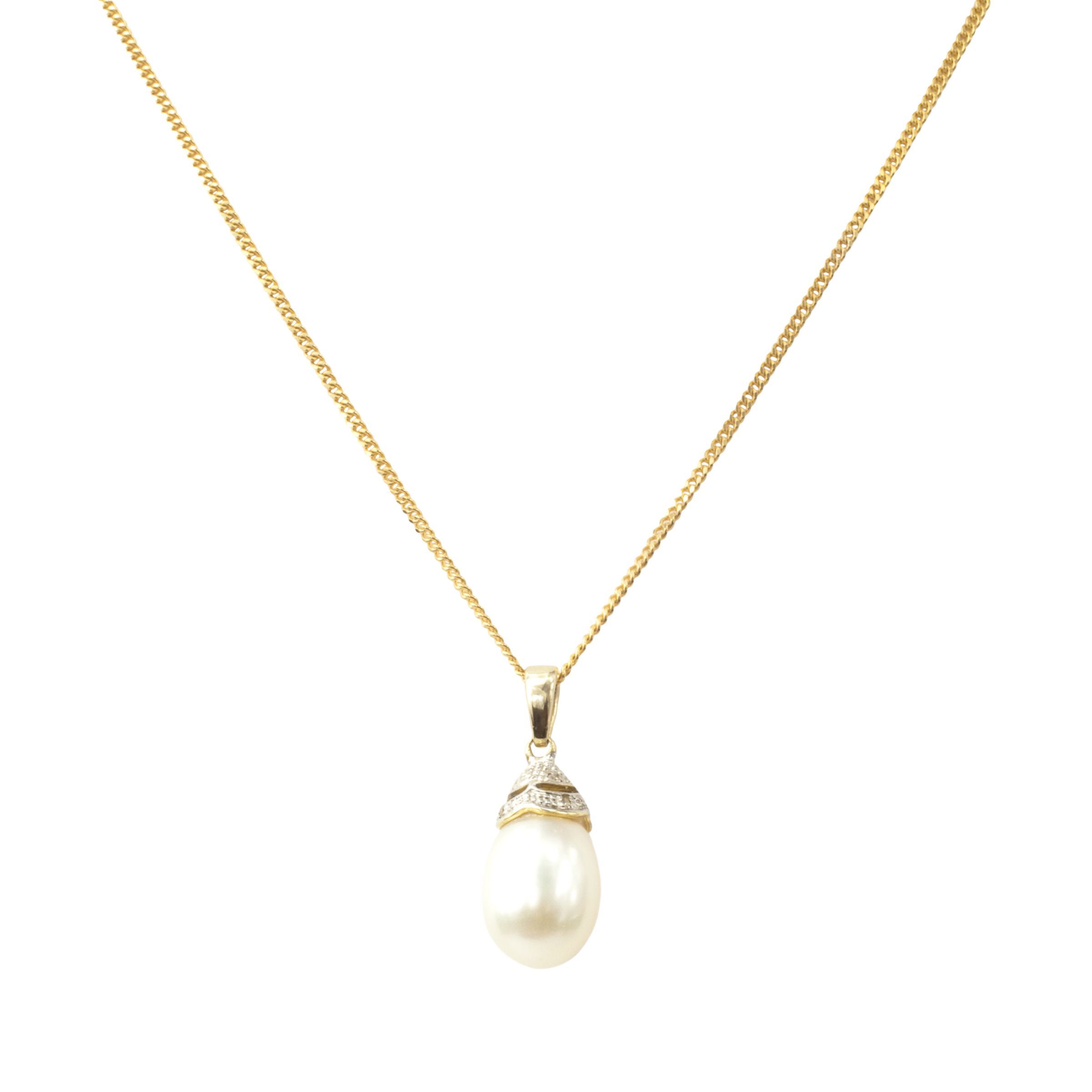 A B Davis 9ct Gold Diamond Peardrop Pearl Pendant Necklace at John ...