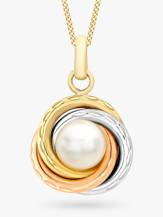 IBB 9ct Three Colour Gold Diamond Cut Knot and Pearl Pendant Necklace, Multi