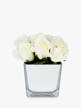 Peony Artificial Roses In Glass Cube, White