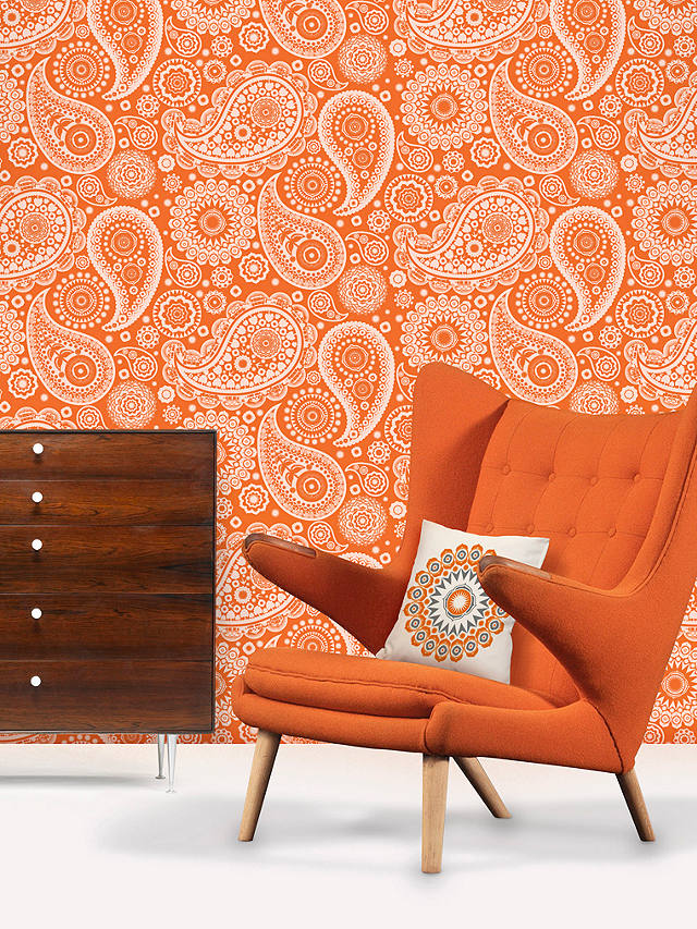 Mini Moderns Paisley Crescent Wallpaper, Tangerine