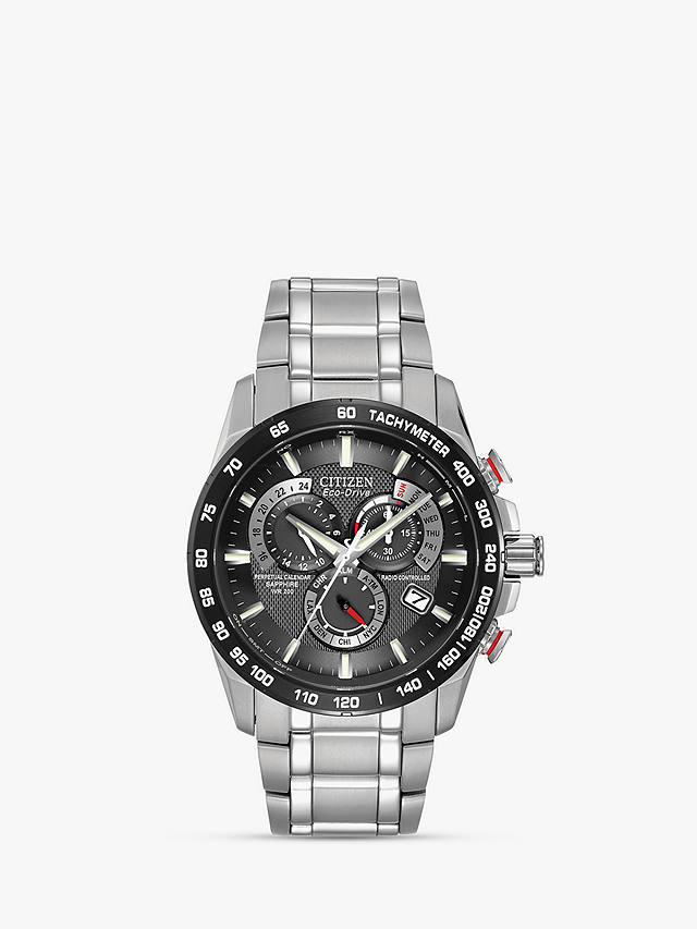 Citizen CB5898-59E Men's Eco-Drive Perpetual Calendar Chronograph Bracelet Strap Watch, Silver/Black