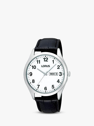 Lorus RJ643AX9 Men's Day Date Leather Strap Watch, Black/White