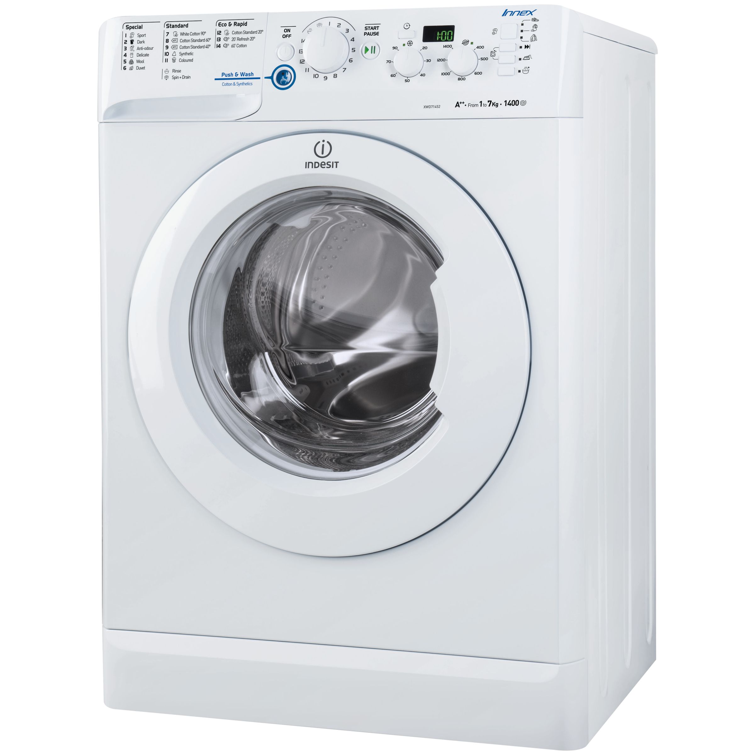 Indesit XWD71452W Freestanding Washing Machine, 7kg Load, A++ Energy Rating, 1400rpm Spin, White ...