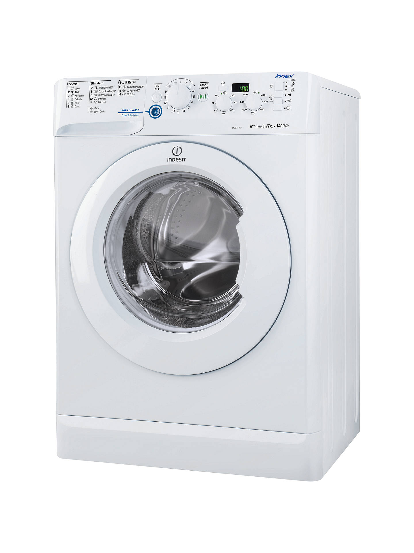 Indesit XWD71452W Freestanding Washing Machine, 7kg Load, A++ Energy Rating, 1400rpm Spin, White ...