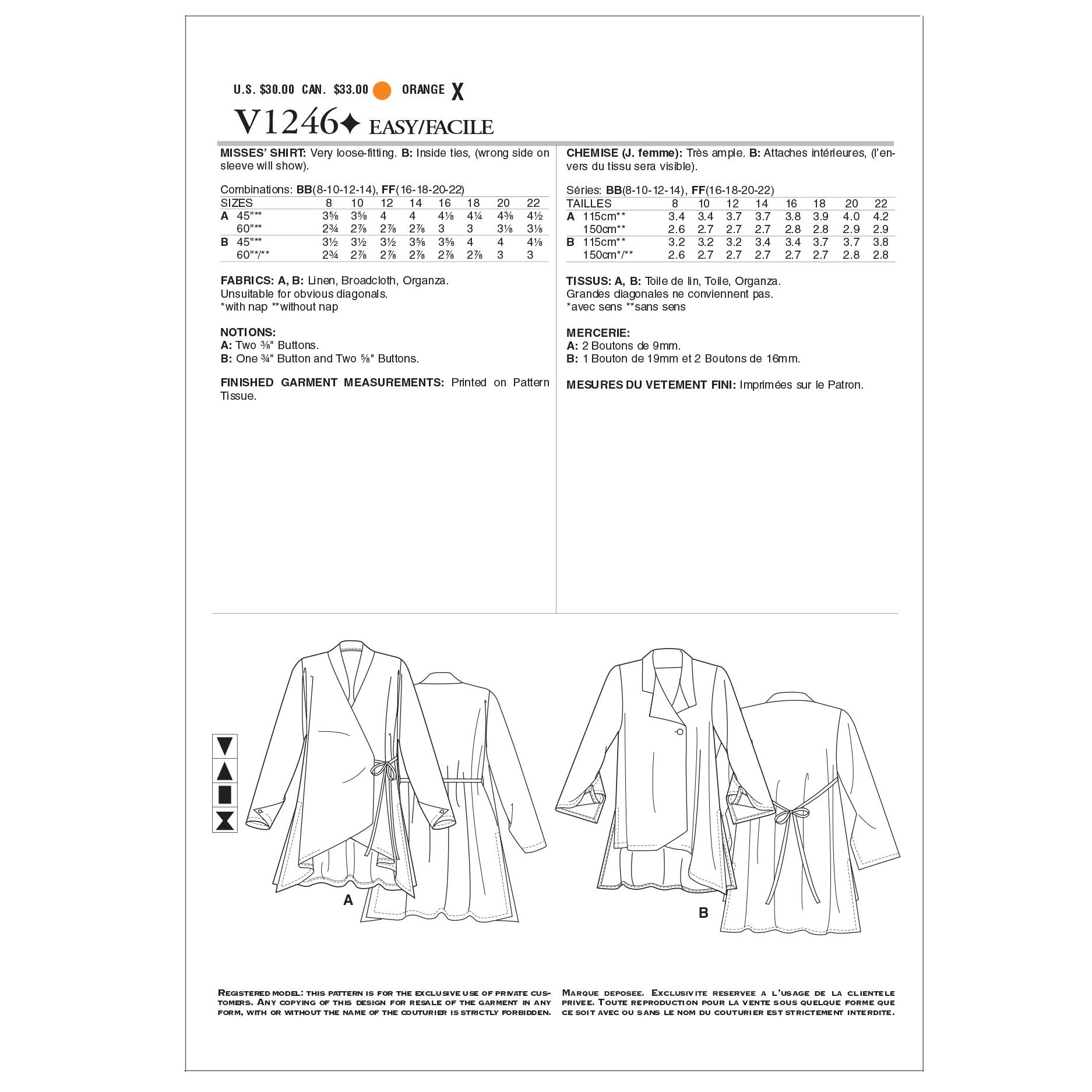 Vogue Lynn Mizono Women's Shirt Sewing Pattern, 1246BB