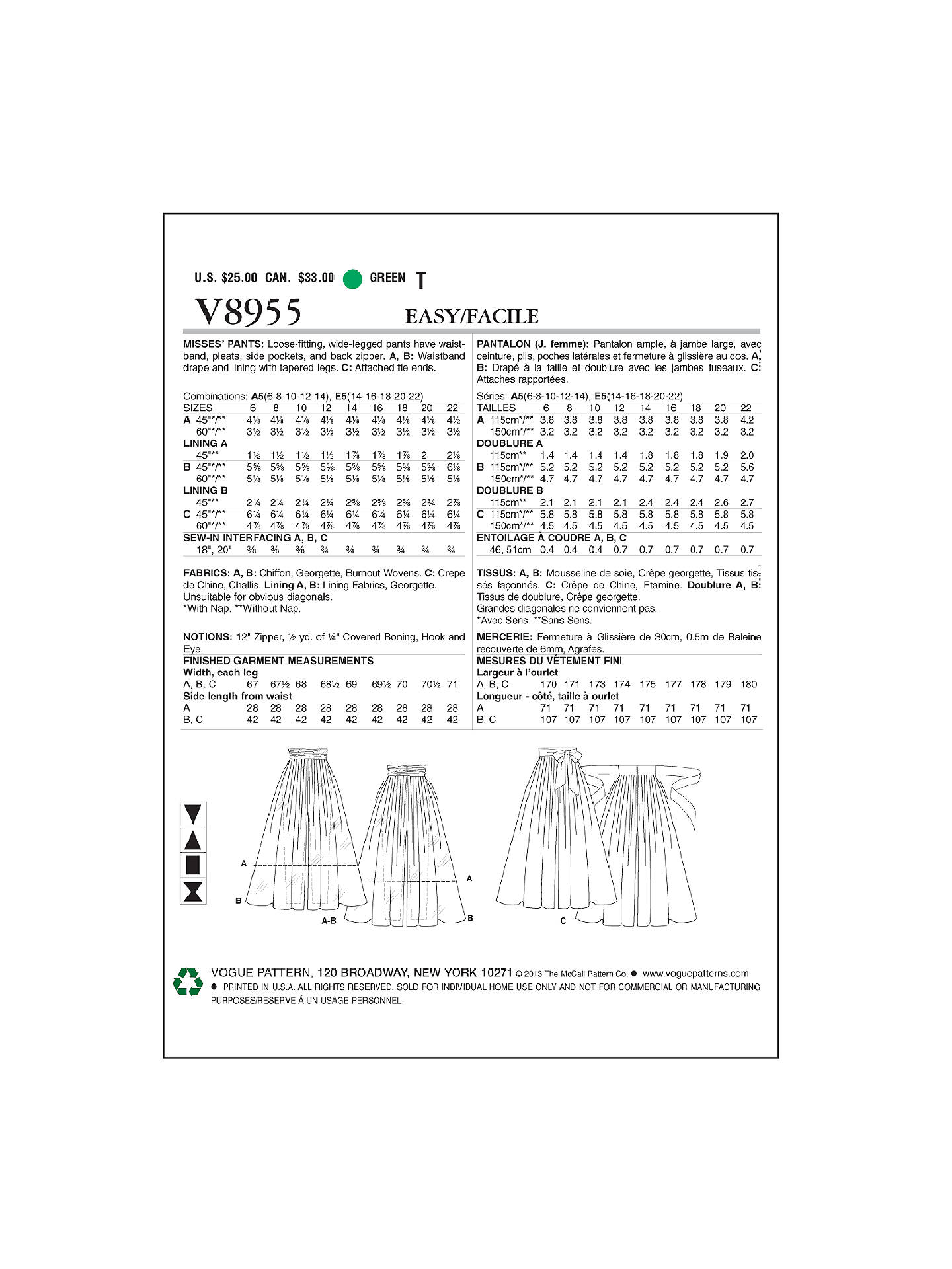 Vogue Women's Trousers Sewing Pattern, 8955 at John Lewis & Partners