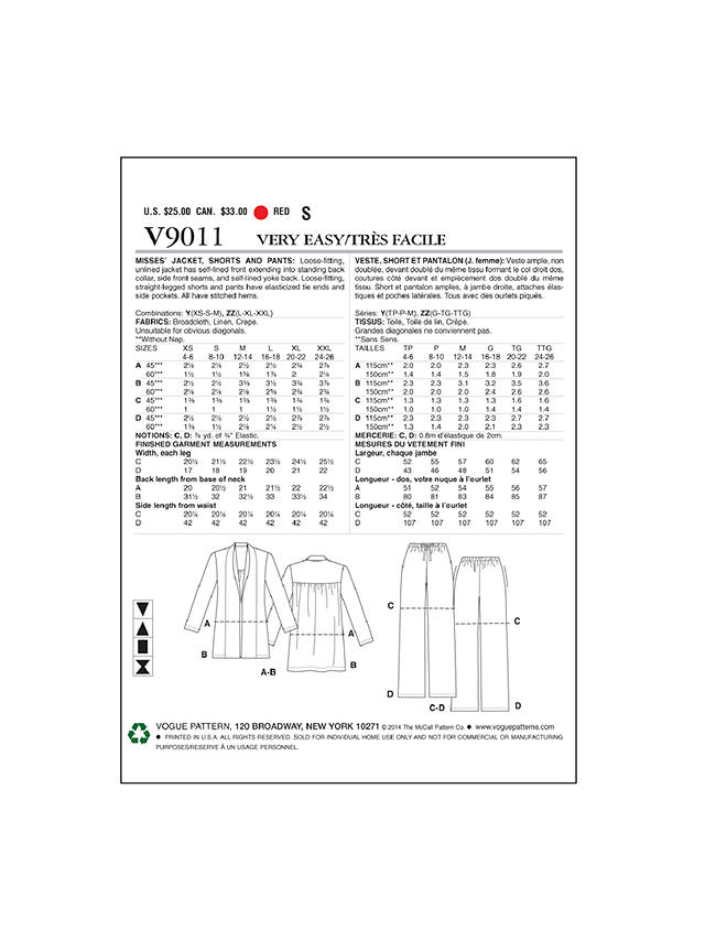 Vogue Women's Jacket, Shorts and Trousers Sewing Pattern, 9011Y