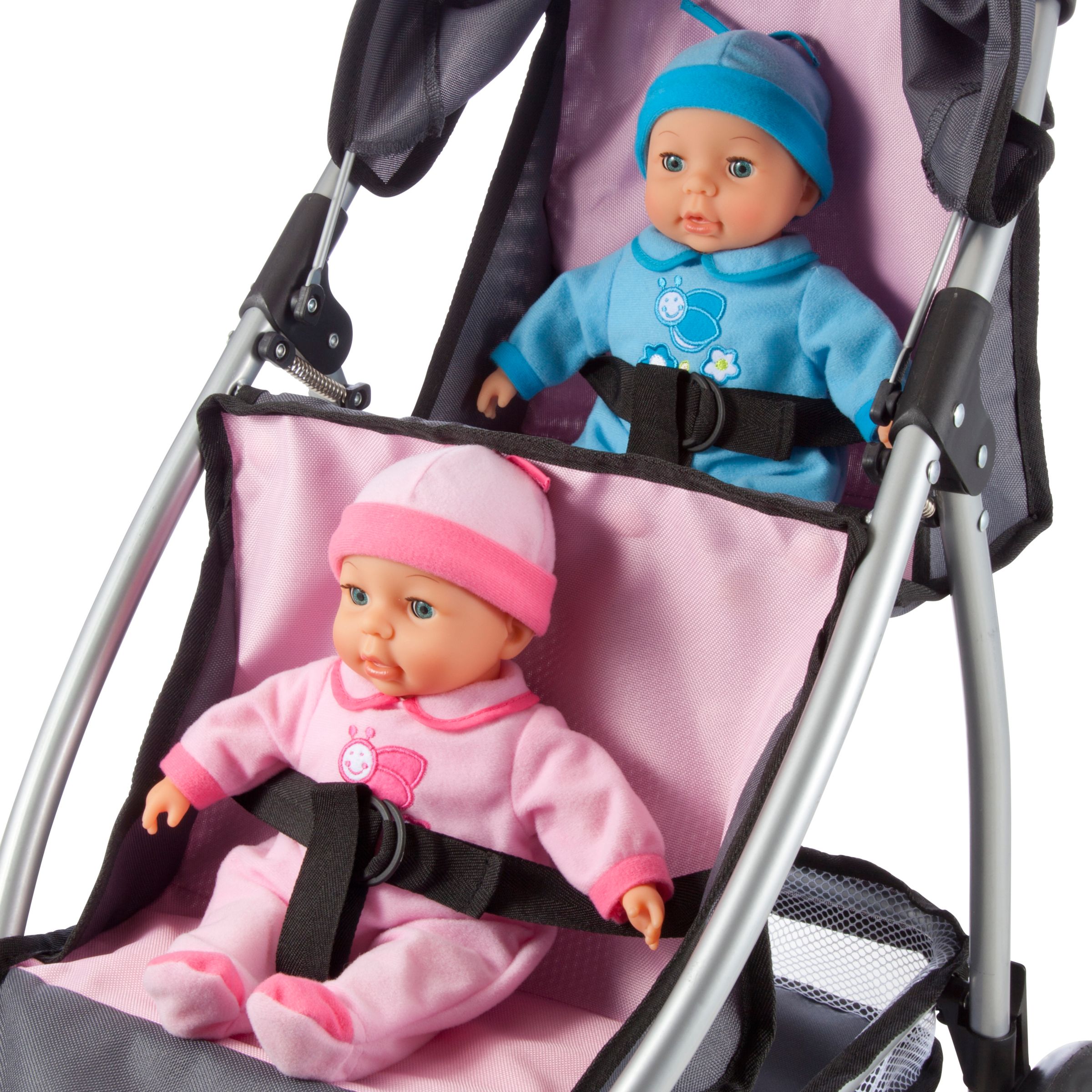 pink and blue double pushchair