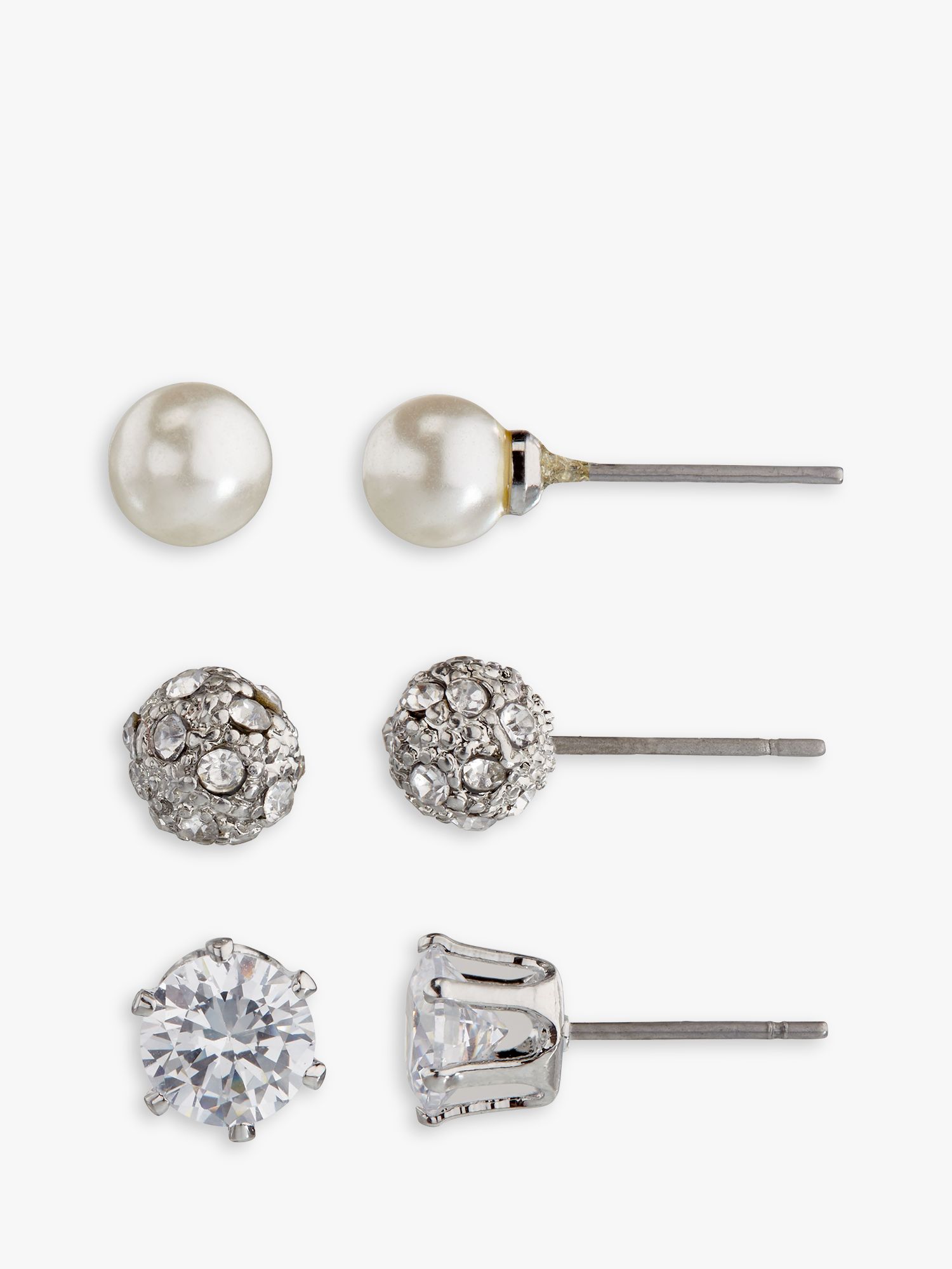 John Lewis & Partners Faux Pearl and Diamante Round Stud Earrings, Pack ...