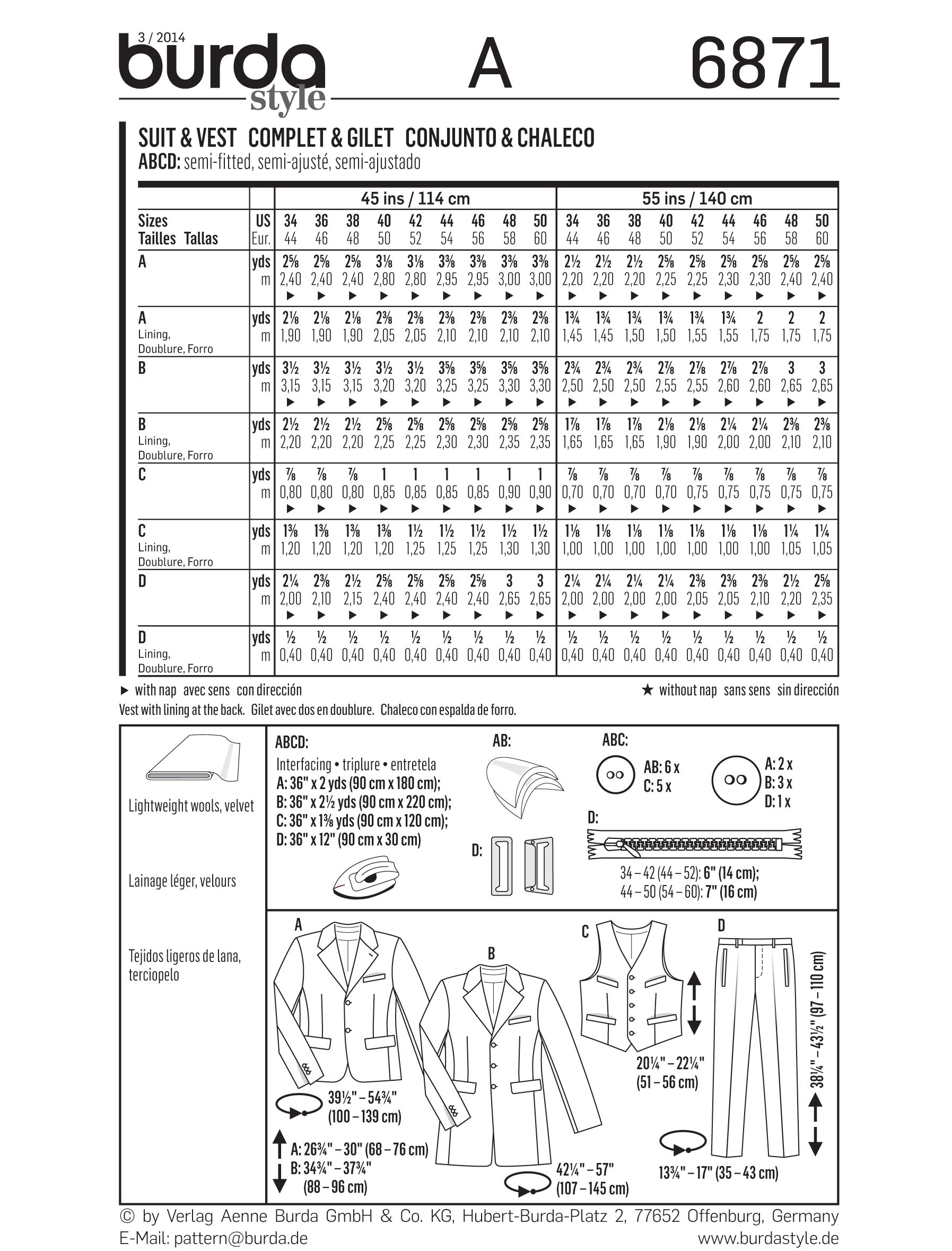 Burda Men's 3Piece Suit Sewing Pattern, 6871