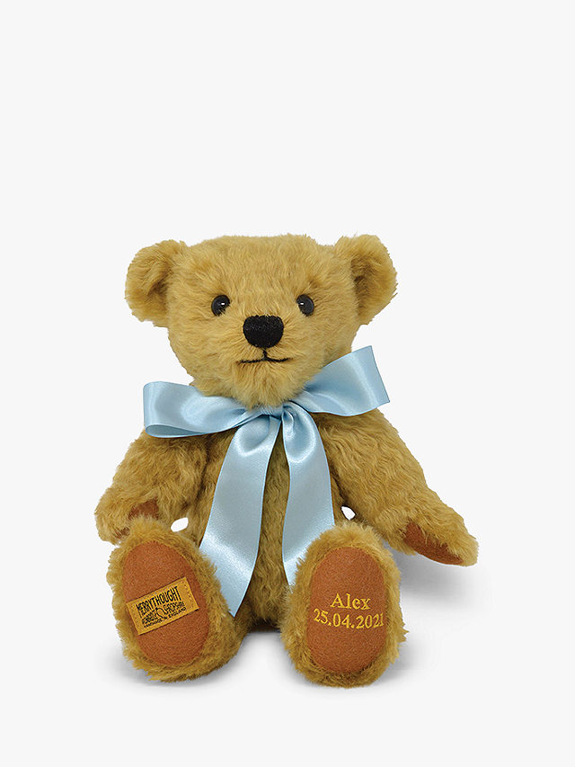 Merrythought Personalised Shrewsbury Teddy Bear with Gold Thread Soft Toy, Baby Blue