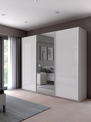 John Lewis & Partners Elstra 250cm Wardrobe with White Glass and Mirrored Sliding Doors, Matt White