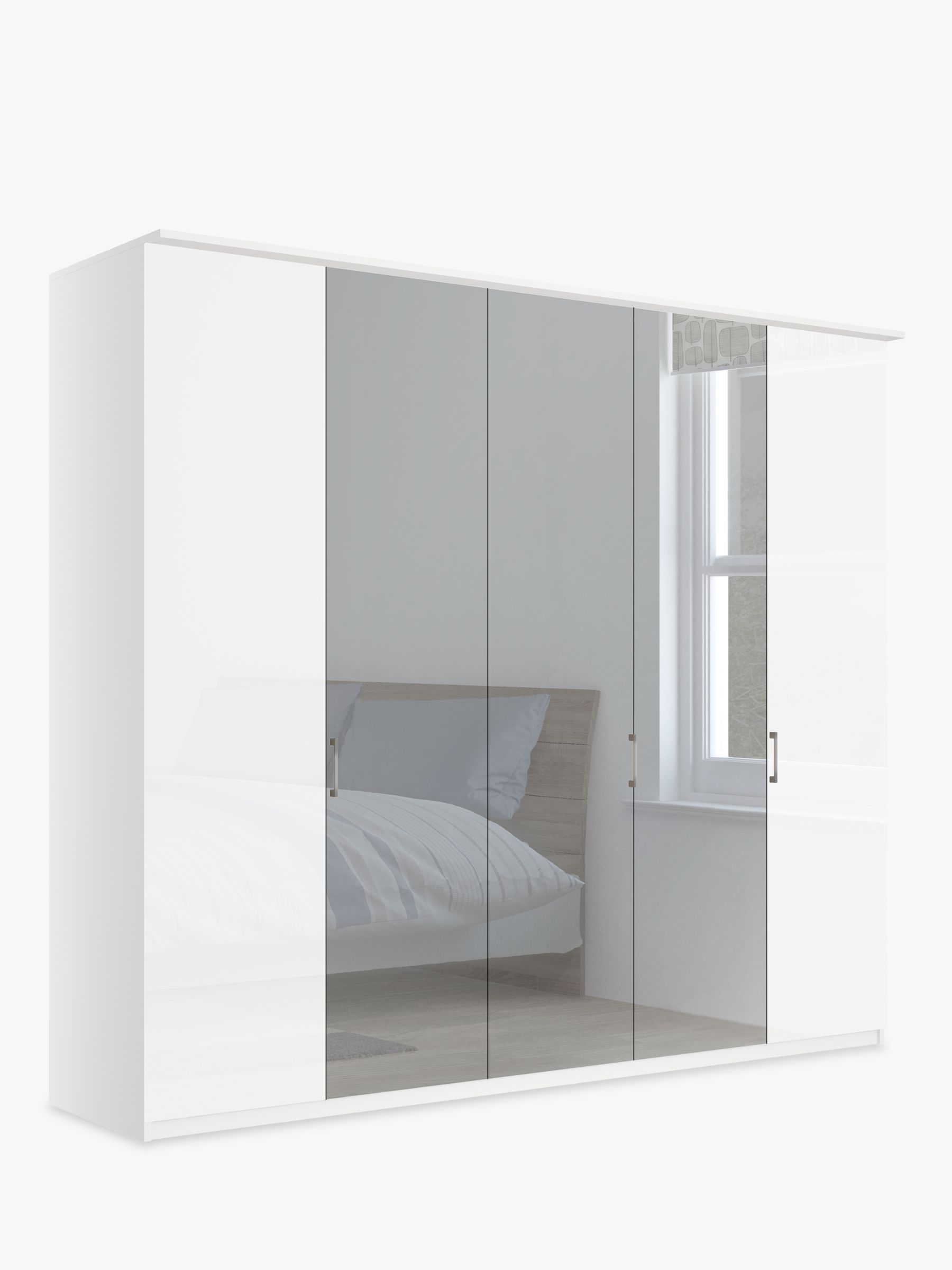 Photo of John lewis elstra 250cm wardrobe with white glass and mirrored hinged doors