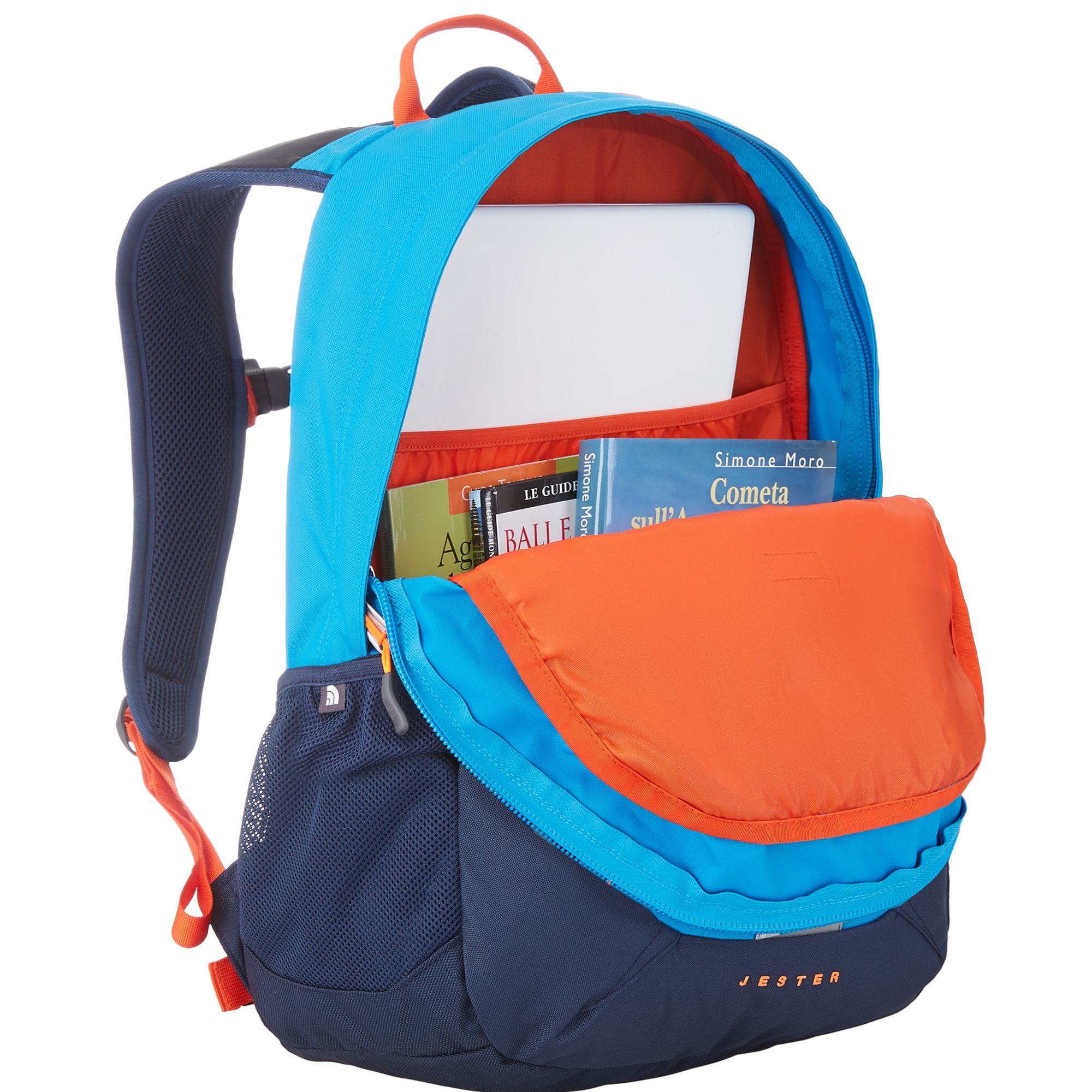 blue and orange north face backpack