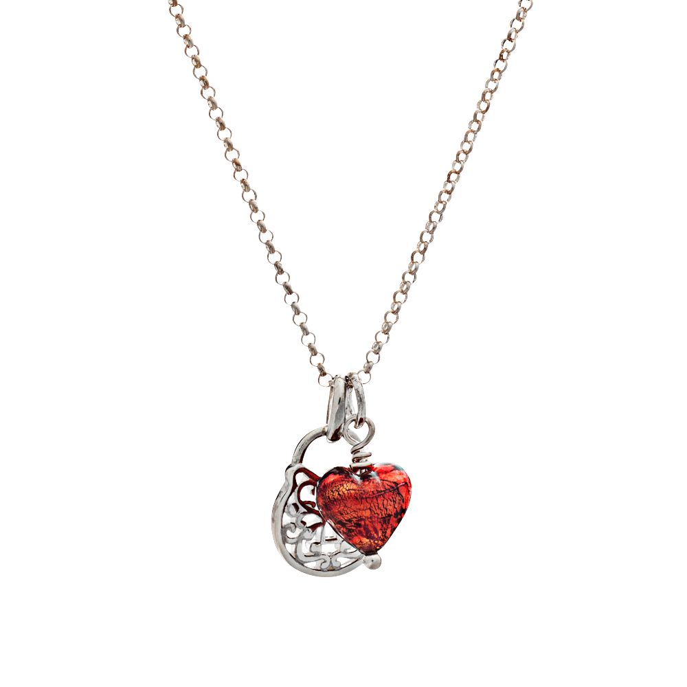 Martick Ornate Padlock and Heart Pendant Necklace, Cranberry