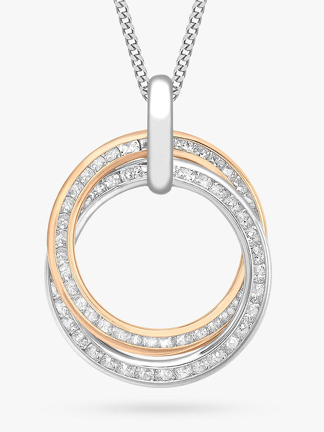 IBB 9ct Gold Cubic Zirconia Double Ring Pendant Necklace, White Gold/Rose Gold