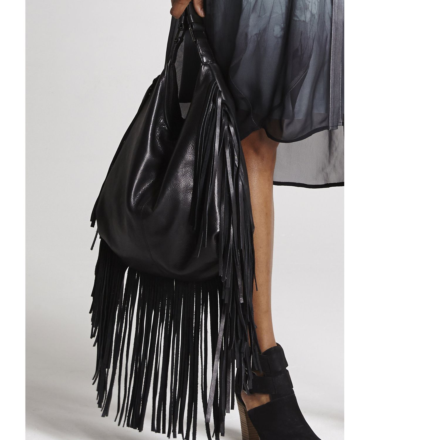 black leather fringe bag