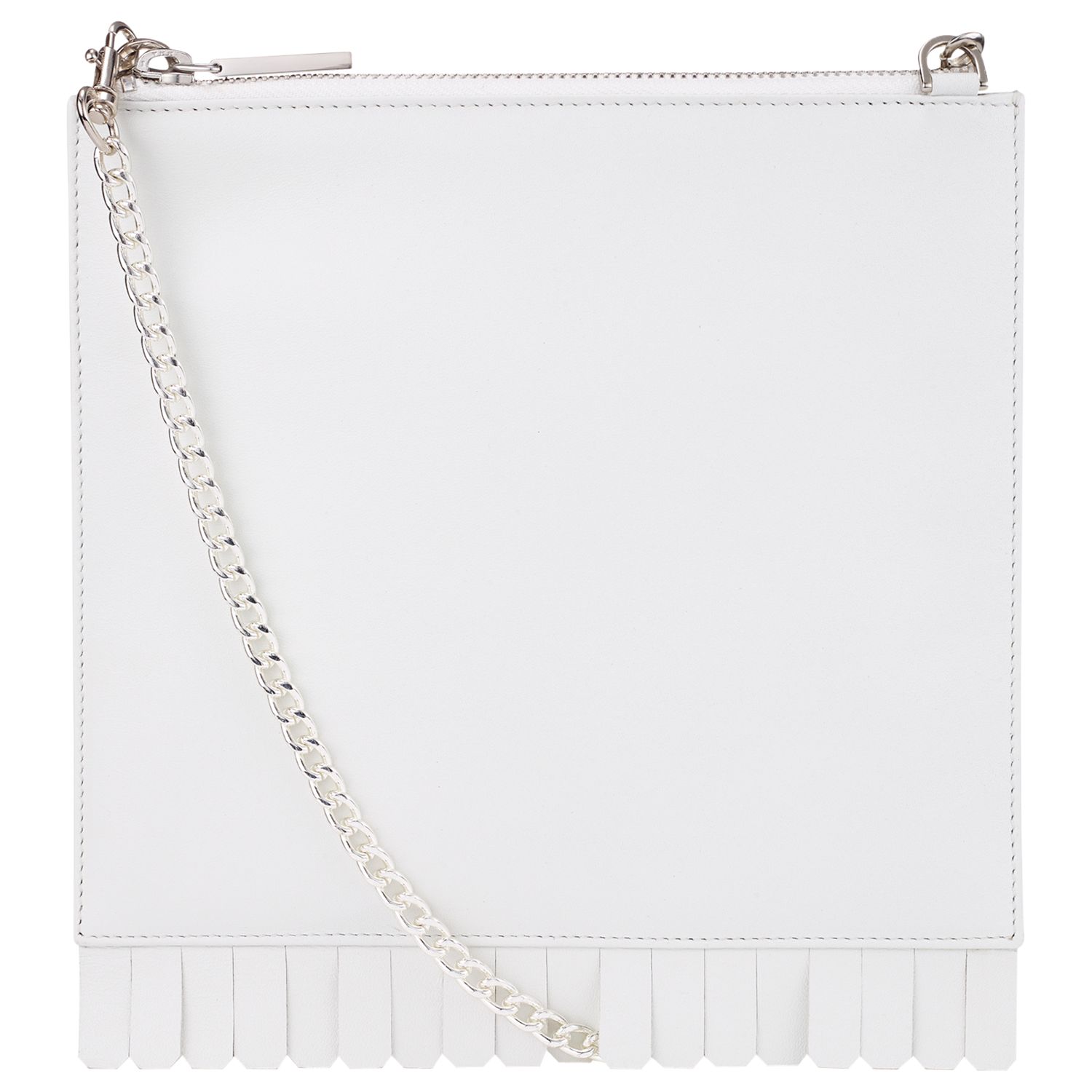 white clutch bag with silver chain