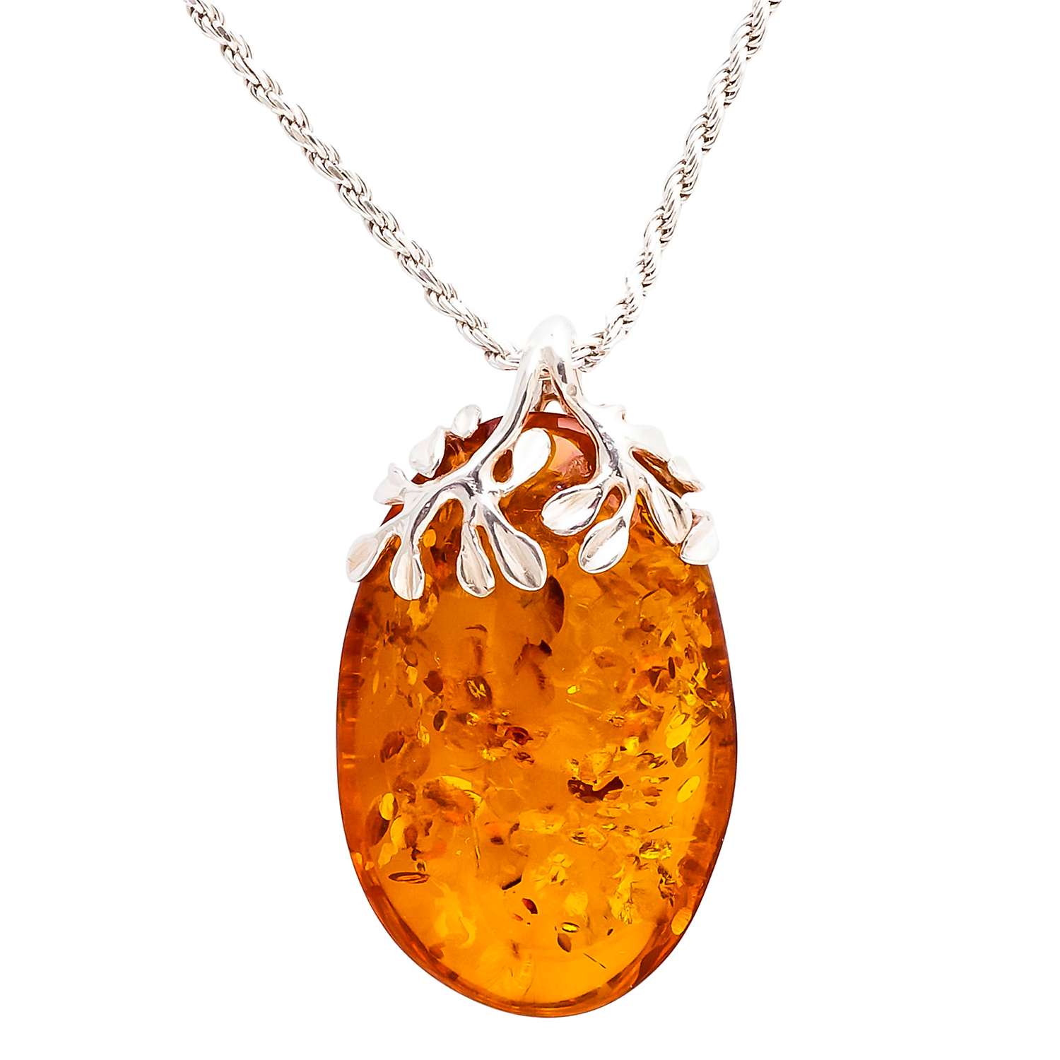 Buy Be-Jewelled Sterling Silver Cognac Amber Leaves Pendant Necklace, Amber Online at johnlewis.com