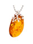 Be-Jewelled Sterling Silver Cognac Amber Leaves Pendant Necklace, Amber
