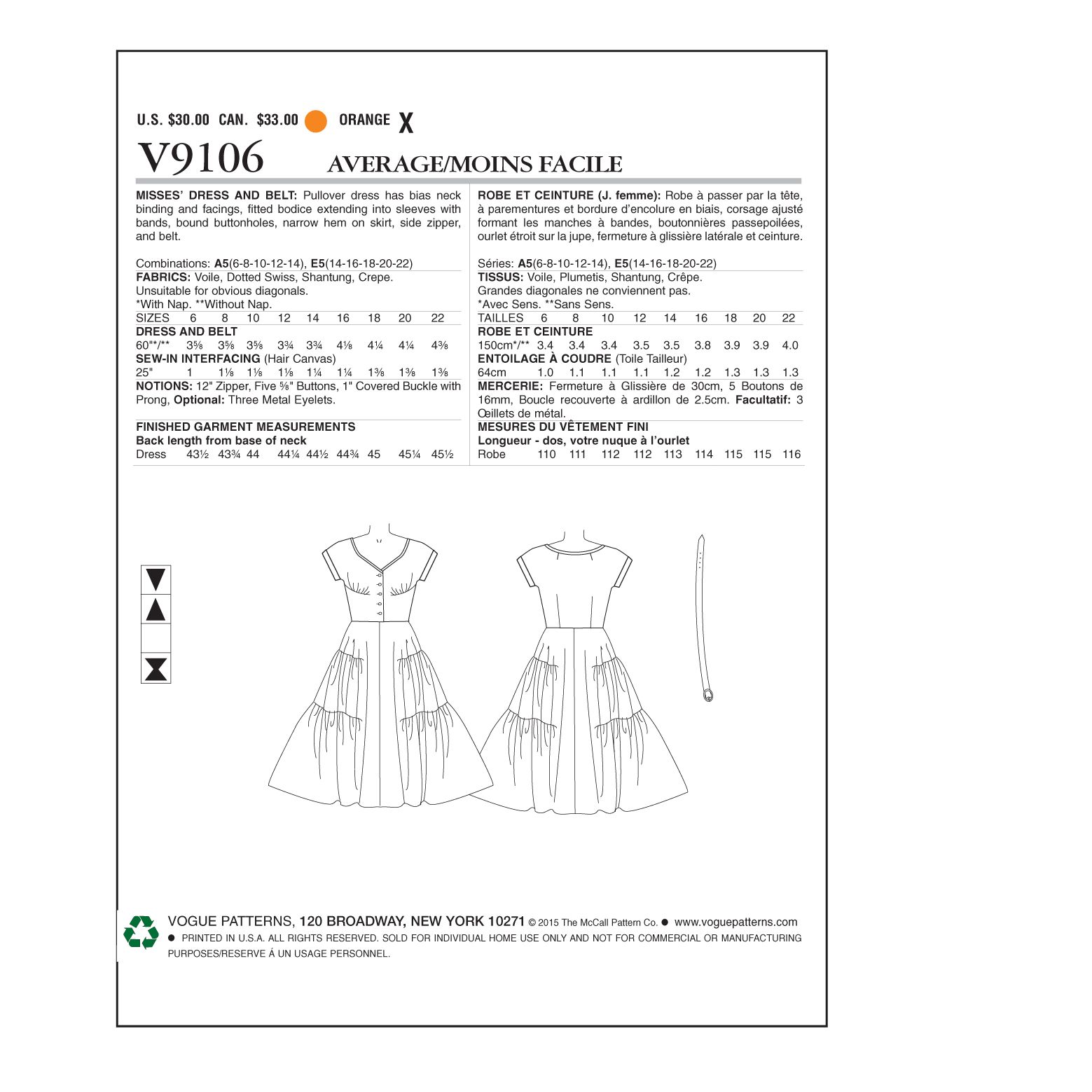 Vogue Women's Vintage Dress and Belt Sewing Pattern, 9106
