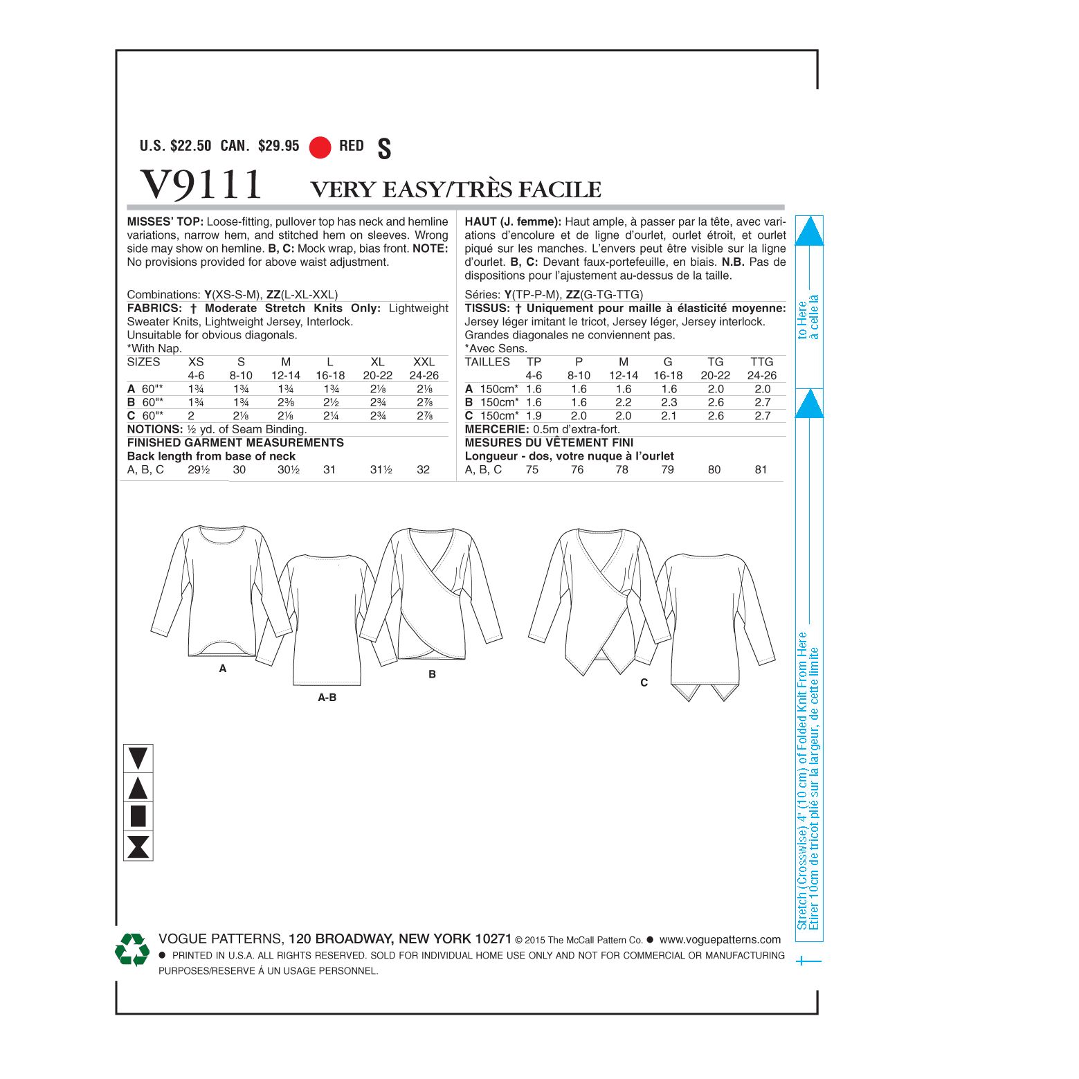 Vogue Very Easy Women's Long Sleeve Wrap Detail Top Sewing Pattern, 9111